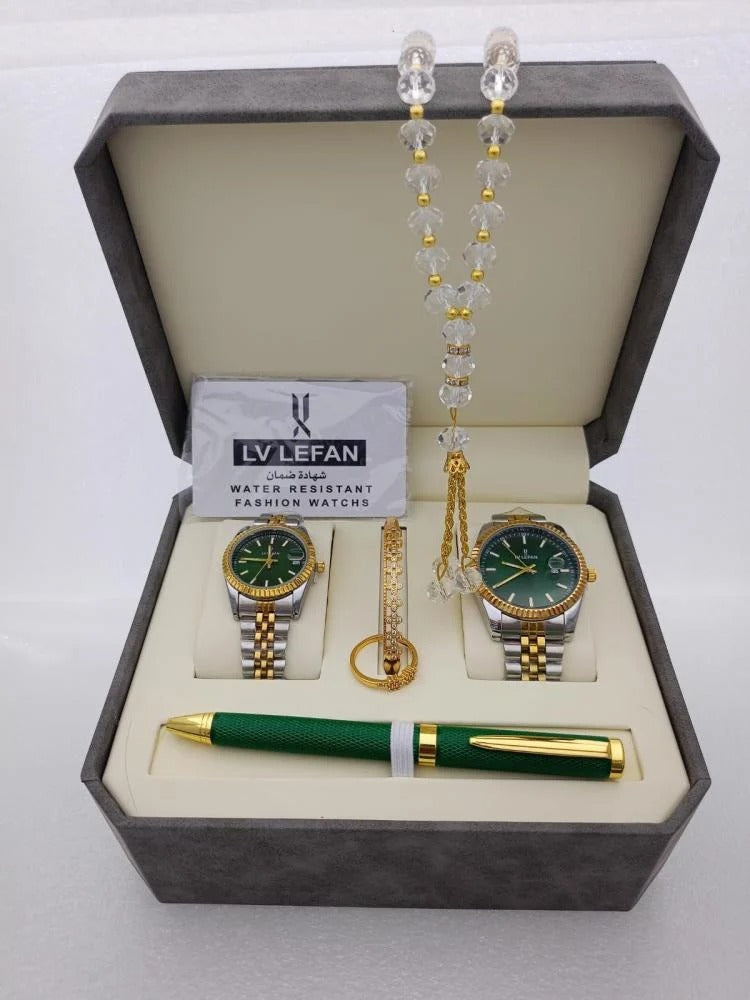 "Men's Stainless Steel Set: Watch, Rosary, Pen & Cufflinks"